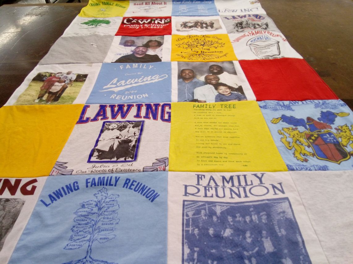 T-shirt quilt with family, genealogy themes by Lauren from GA