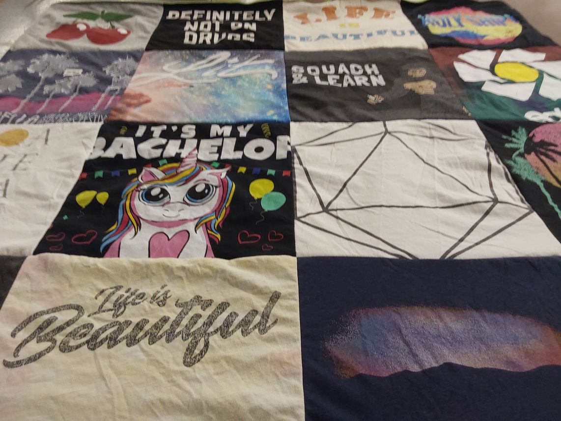 T-shirt quilt with bachelor party, inspiration themes by Alice from CA