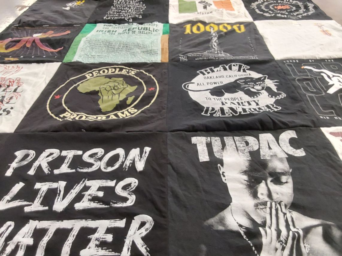 T-shirt quilt with social justice, music themes by Timothy from OH