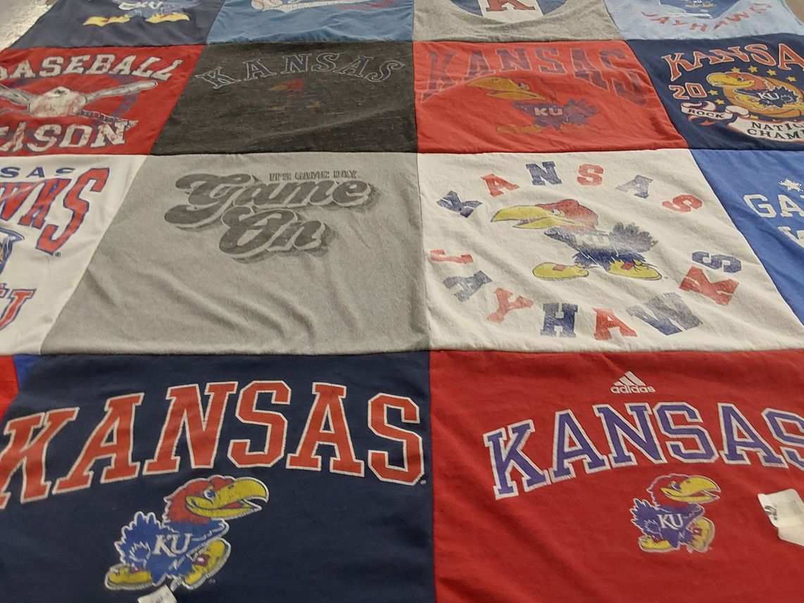 T-shirt quilt featuring kansas jayhawks by Larry from KS