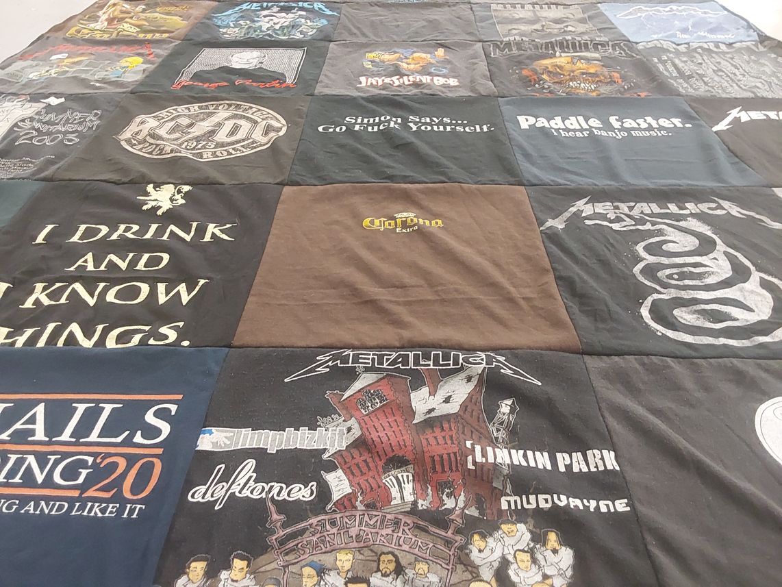 T-shirt quilt with music, bands themes by Peggy from SC