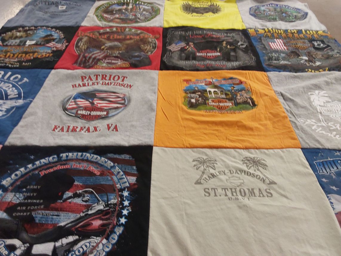 T-shirt quilt with motorcycles, biking themes by Tracy from VA
