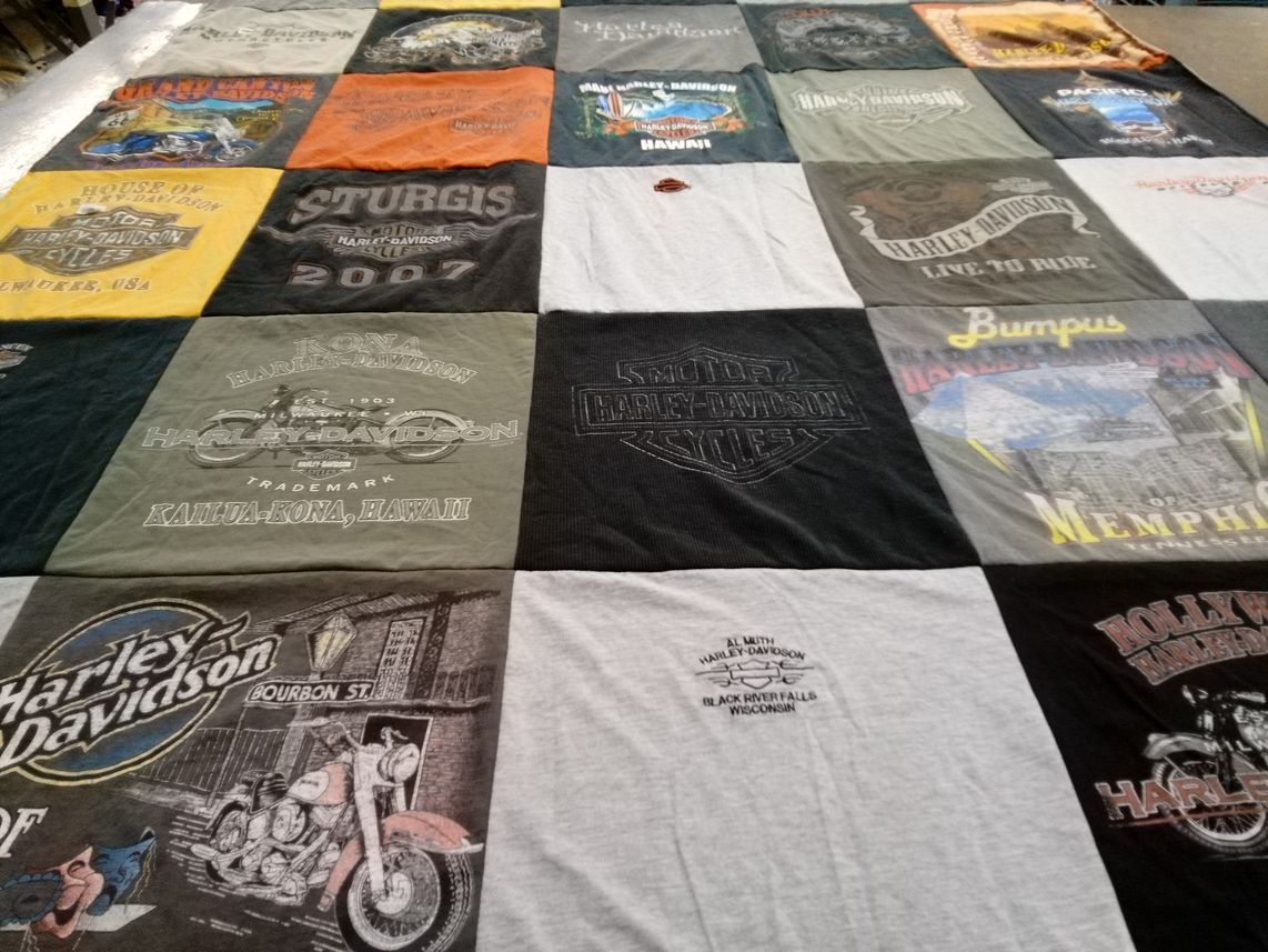 T-shirt quilt with motorcycles, biking themes by Kelly from WI
