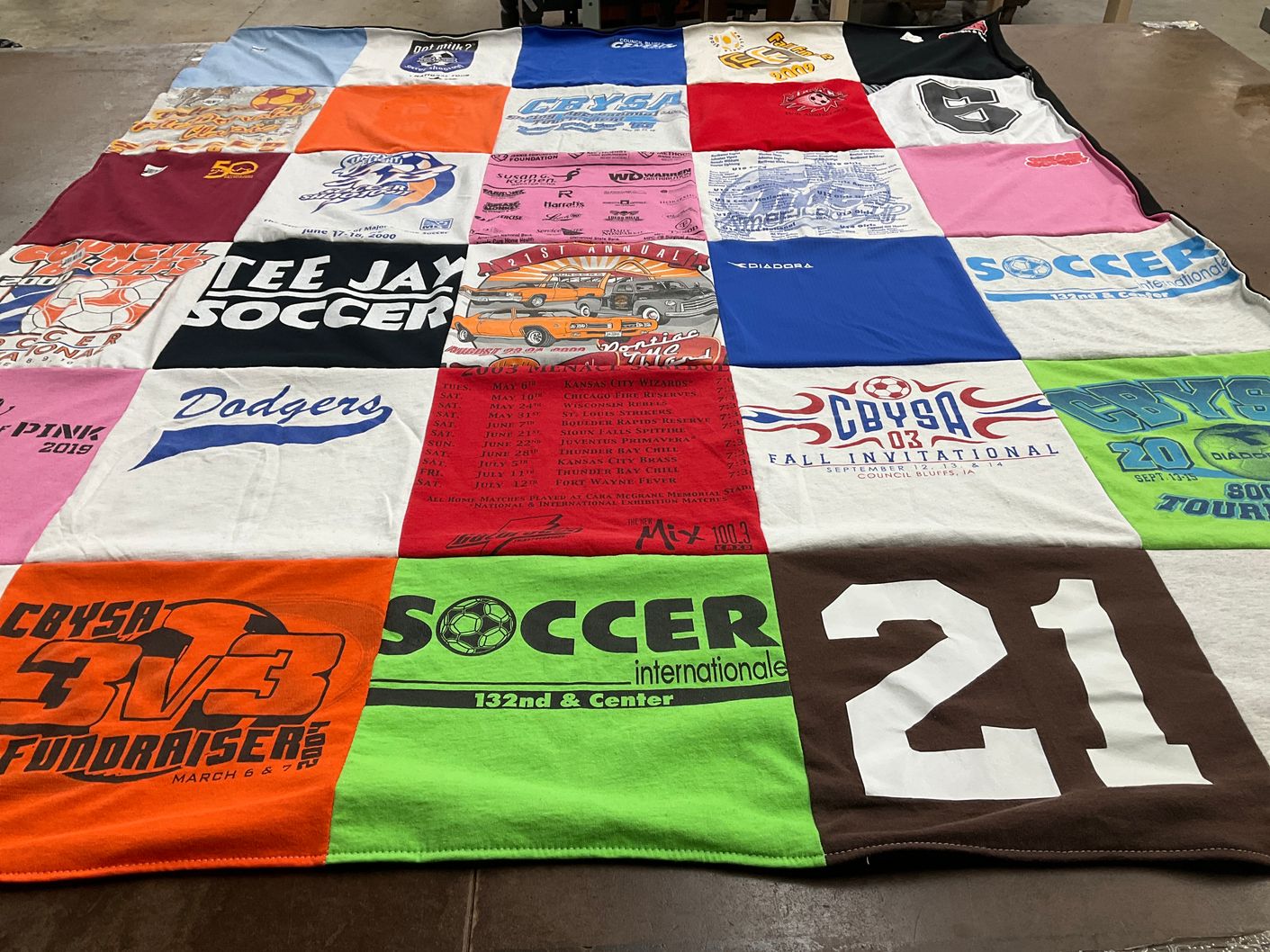 T-shirt quilt with soccer, sports themes by Robin from IA