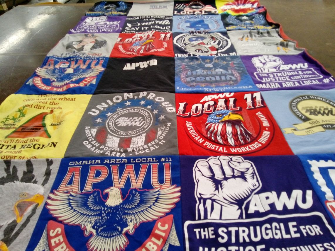 T-shirt quilt with labor rights, unions themes by Jim from NE