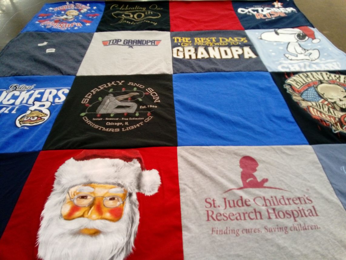 T-shirt quilt with family, holiday themes by Sharon from TX
