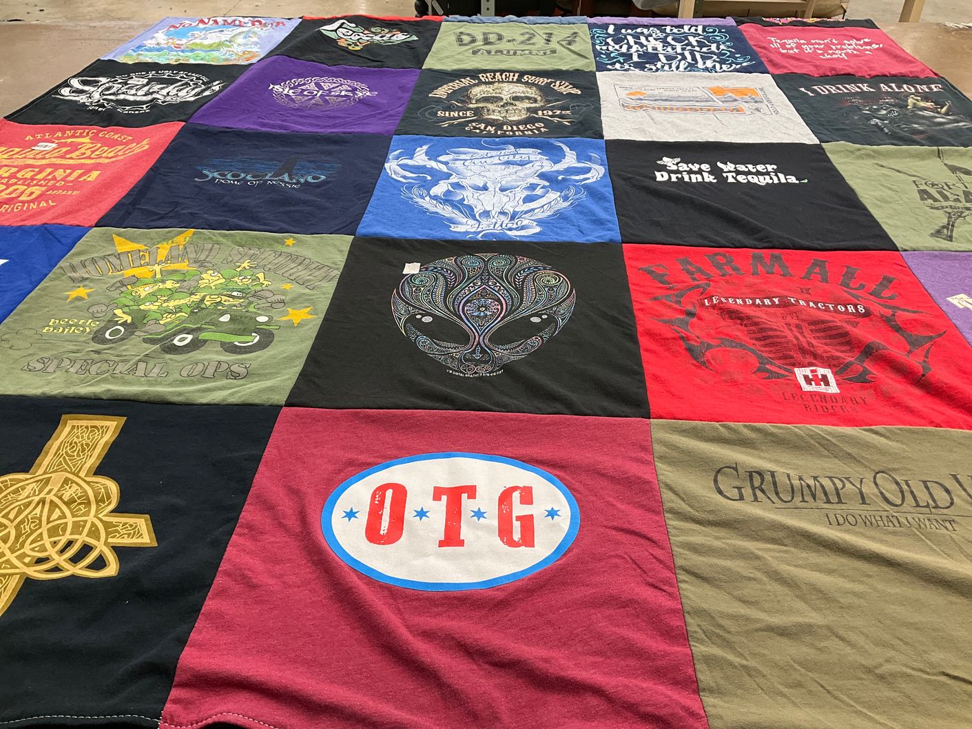 T-shirt quilt with farming, outdoors themes by Mary from MT