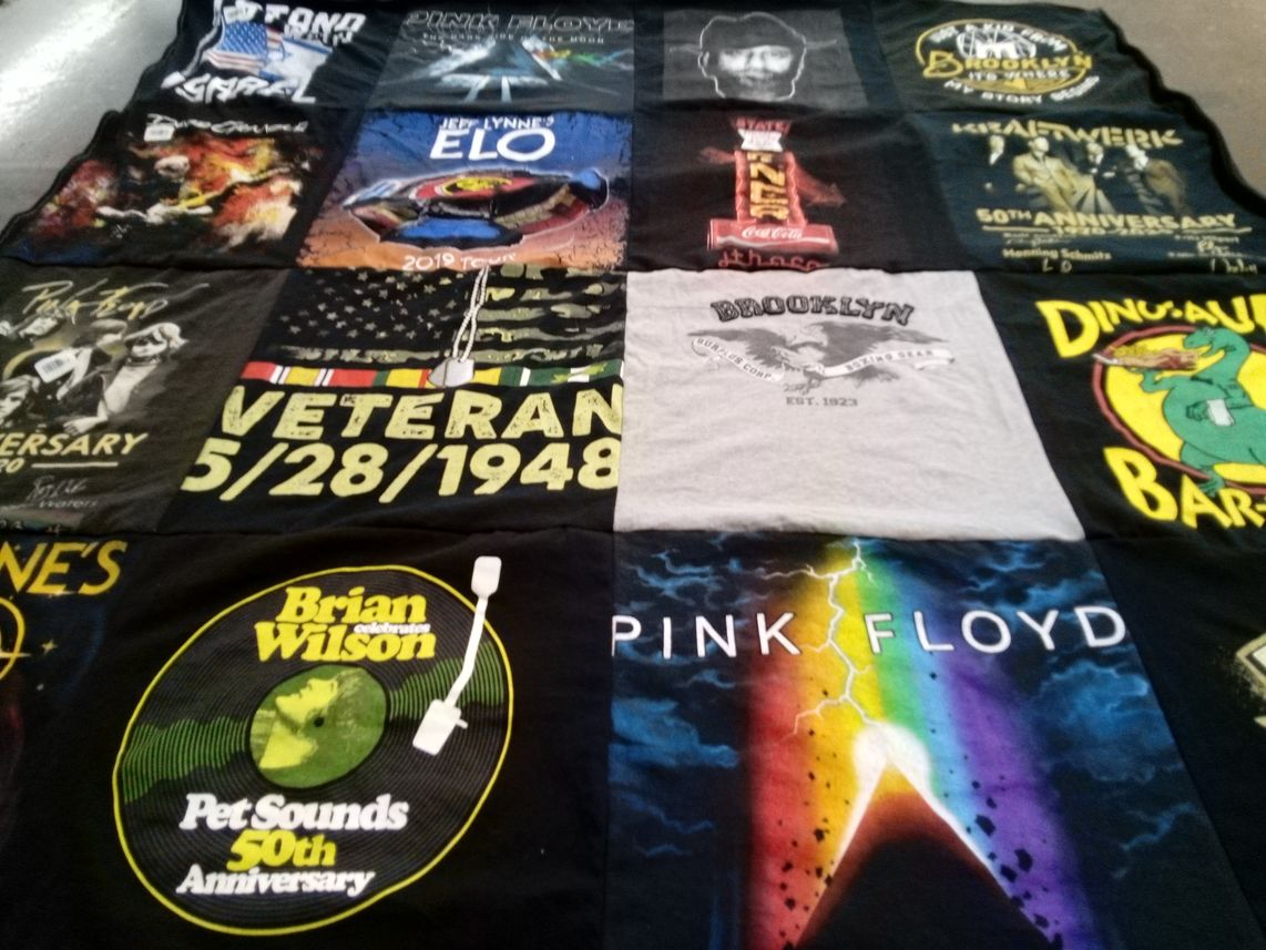T-shirt quilt with music, veterans themes by Susan from NY