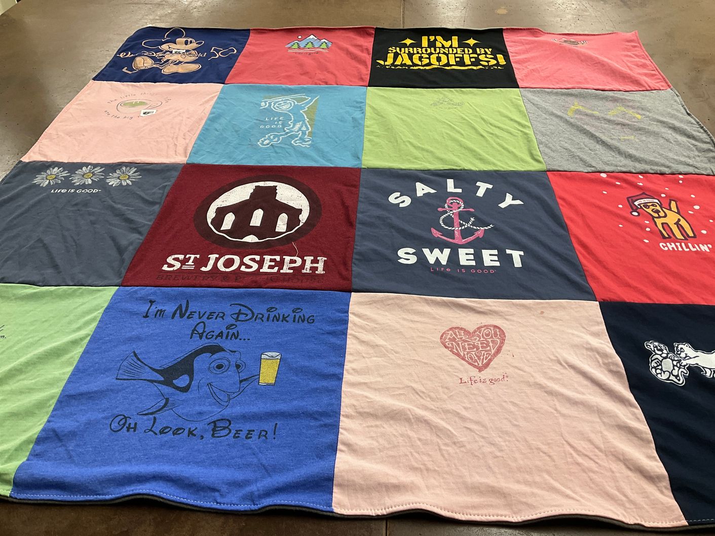 T-shirt quilt with alcohol, beverages themes by Melissa from PA