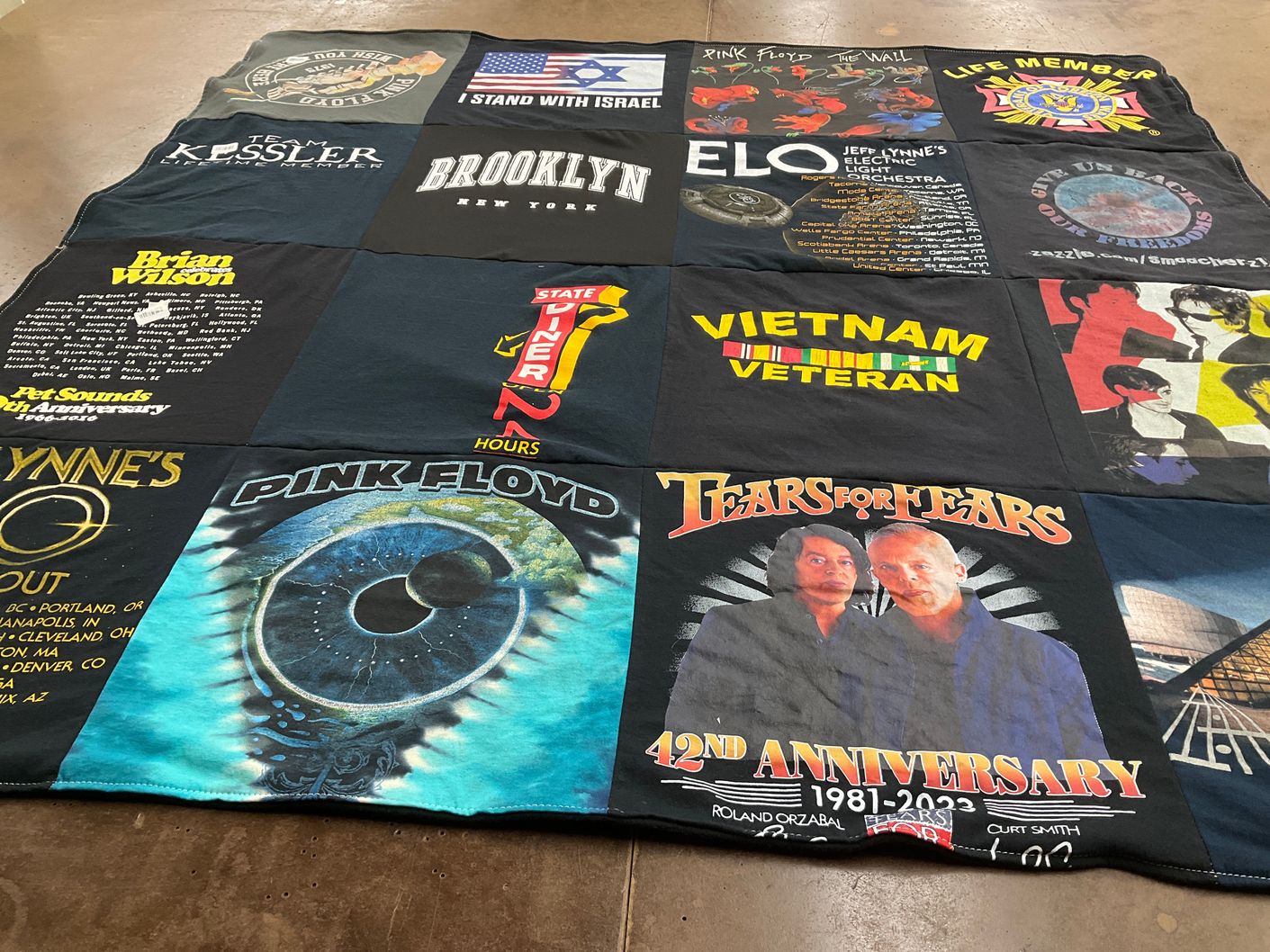T-shirt quilt with music, veteran themes by Susan from NY