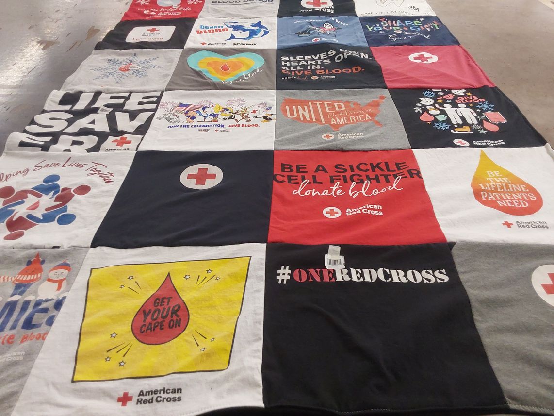 T-shirt quilt with blood donation, healthcare themes by Jean from NC
