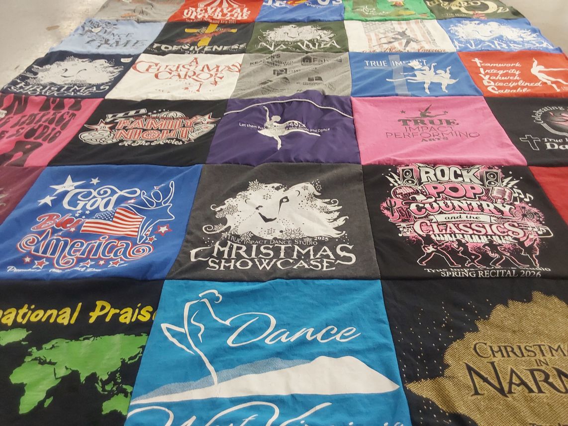 T-shirt quilt with dance, theater themes by Robin from WV