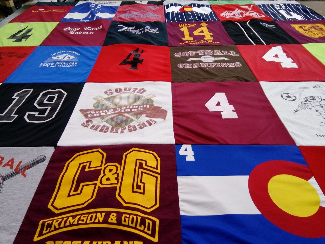 T-shirt quilt with softball, sports themes by Amanda from CO
