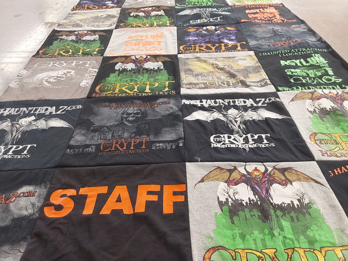 T-shirt quilt with haunted attractions, halloween themes by Keith from TX