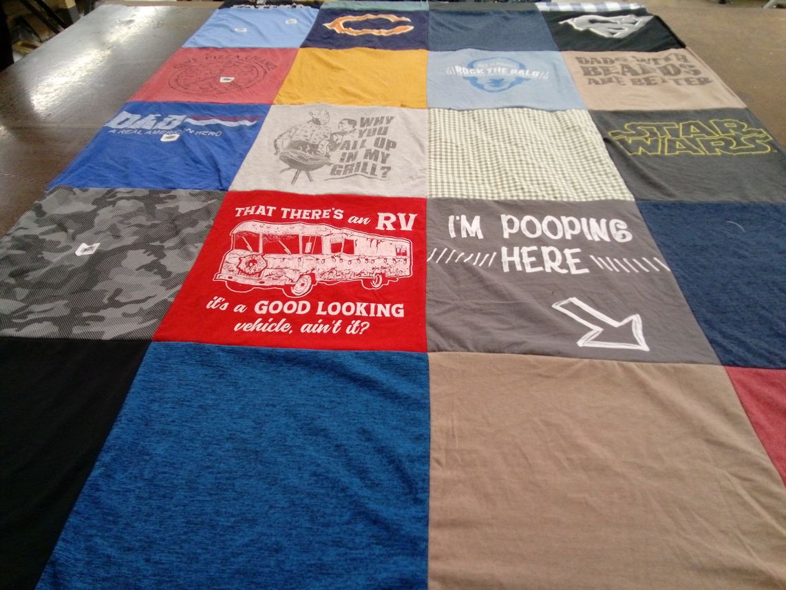 T-shirt quilt with fishing, fatherhood themes by Sharla from IL