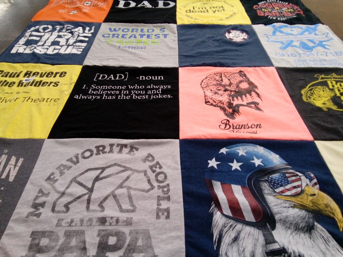 T-shirt quilt with family, theater themes by Eva from OK