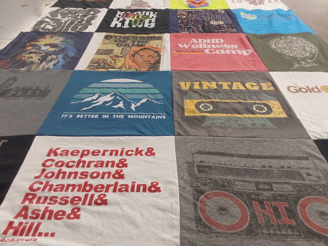 T-shirt quilt with outdoor activities, mental health themes by SEAN from GA