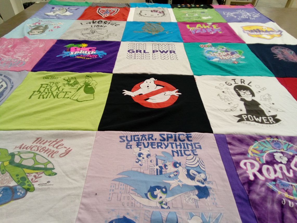 T-shirt quilt with cartoons, children's theater themes by Jessica from IN
