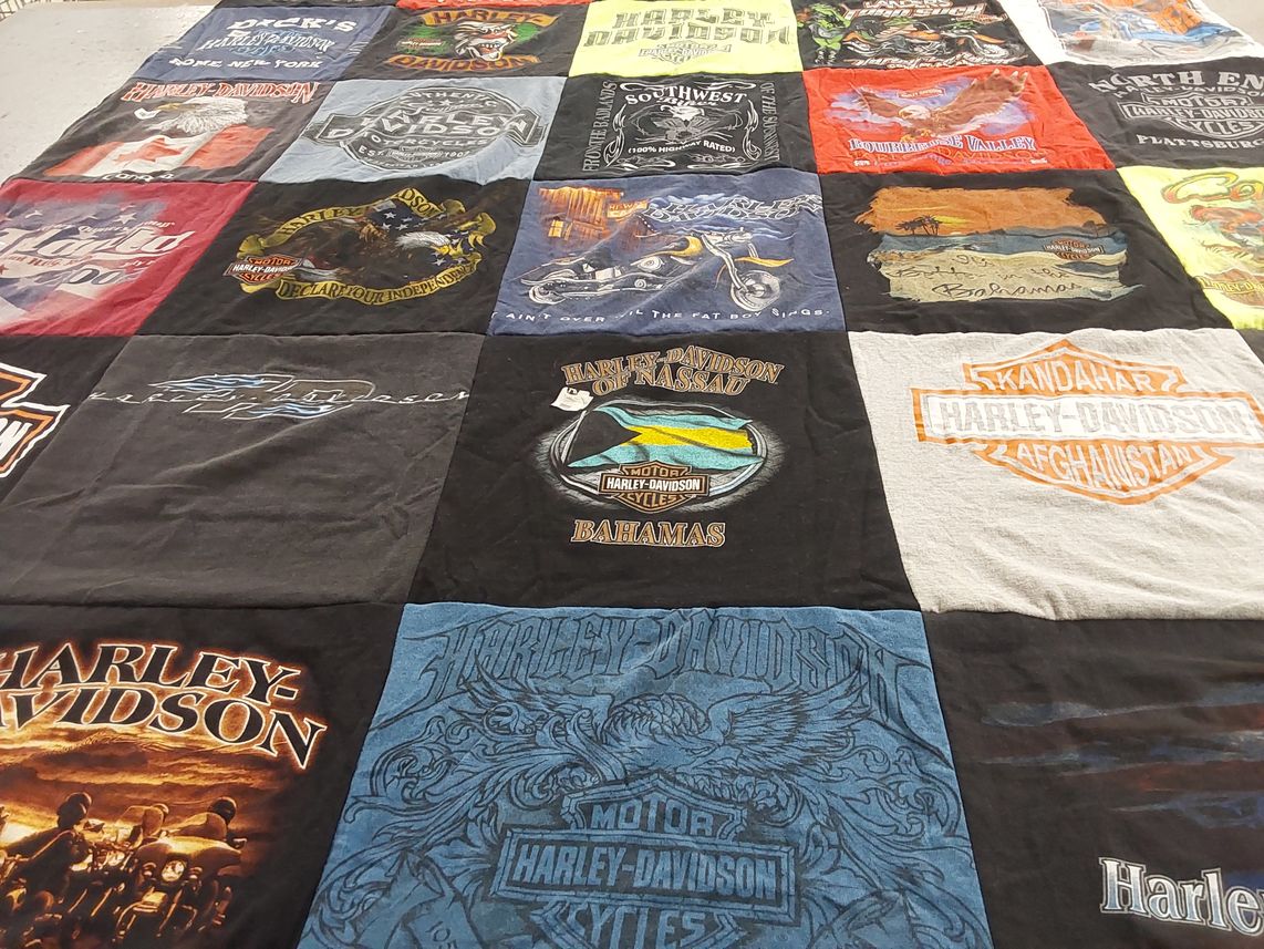 T-shirt quilt with motorcycles, biking themes by Lori from NC
