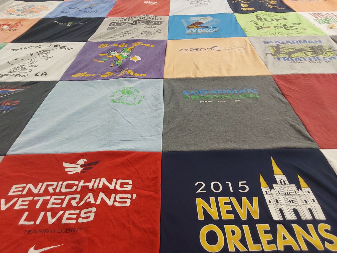 T-shirt quilt with running, triathlons themes by Tim from LA