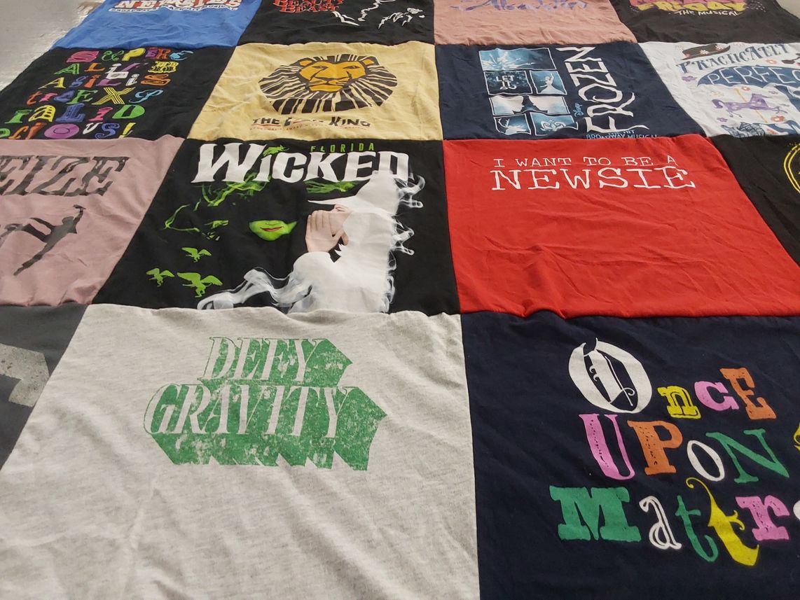 T-shirt quilt with theater, musicals themes by Kim from FL
