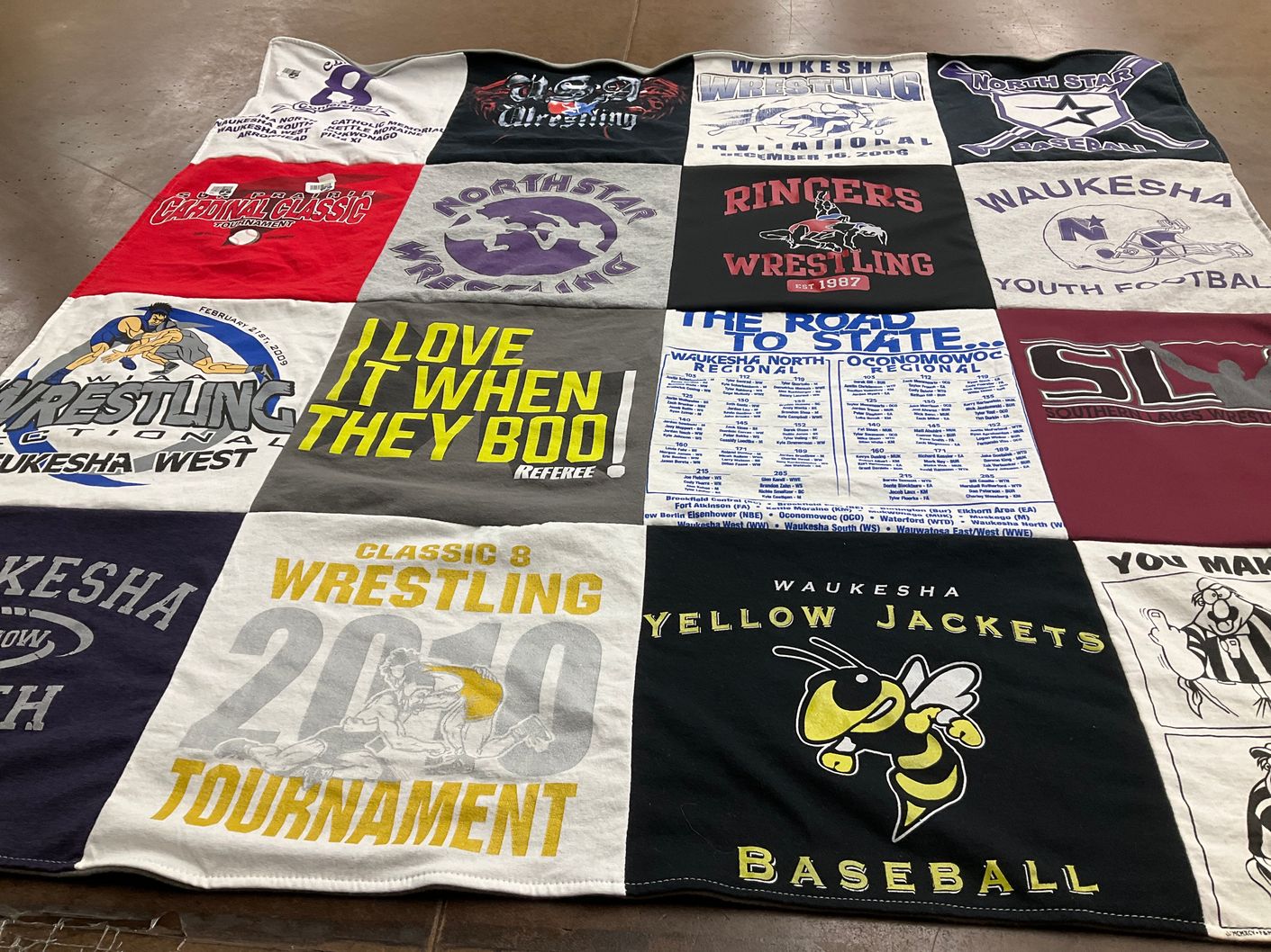 T-shirt quilt featuring waukesha yellow jackets baseball, waukesha wrestling by Douglas from WI