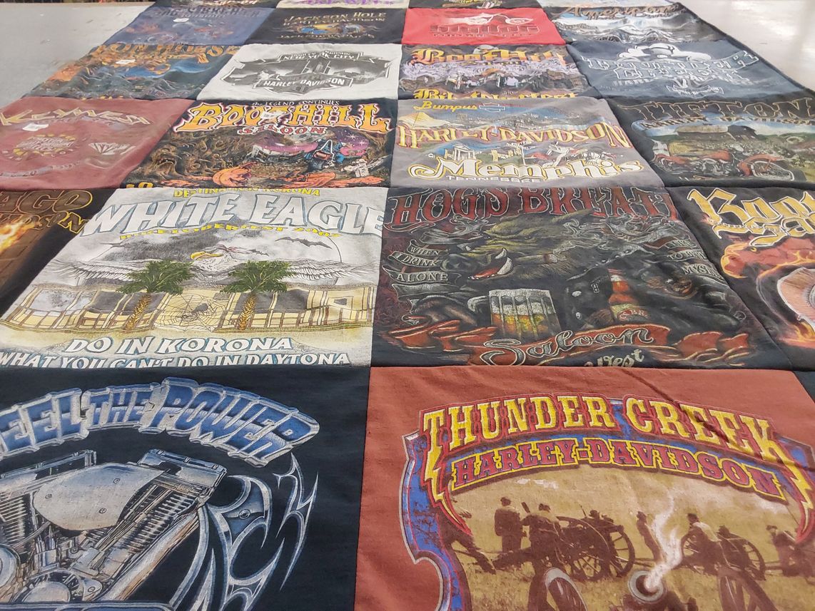 T-shirt quilt with motorcycles, biking themes by Cheryl from FL