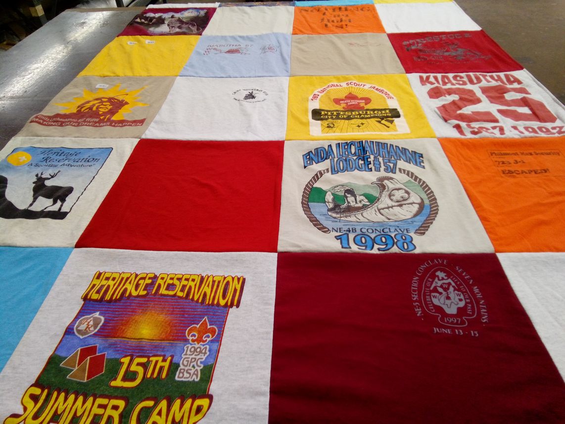 T-shirt quilt with scouting, camping themes by Evelyn from PA
