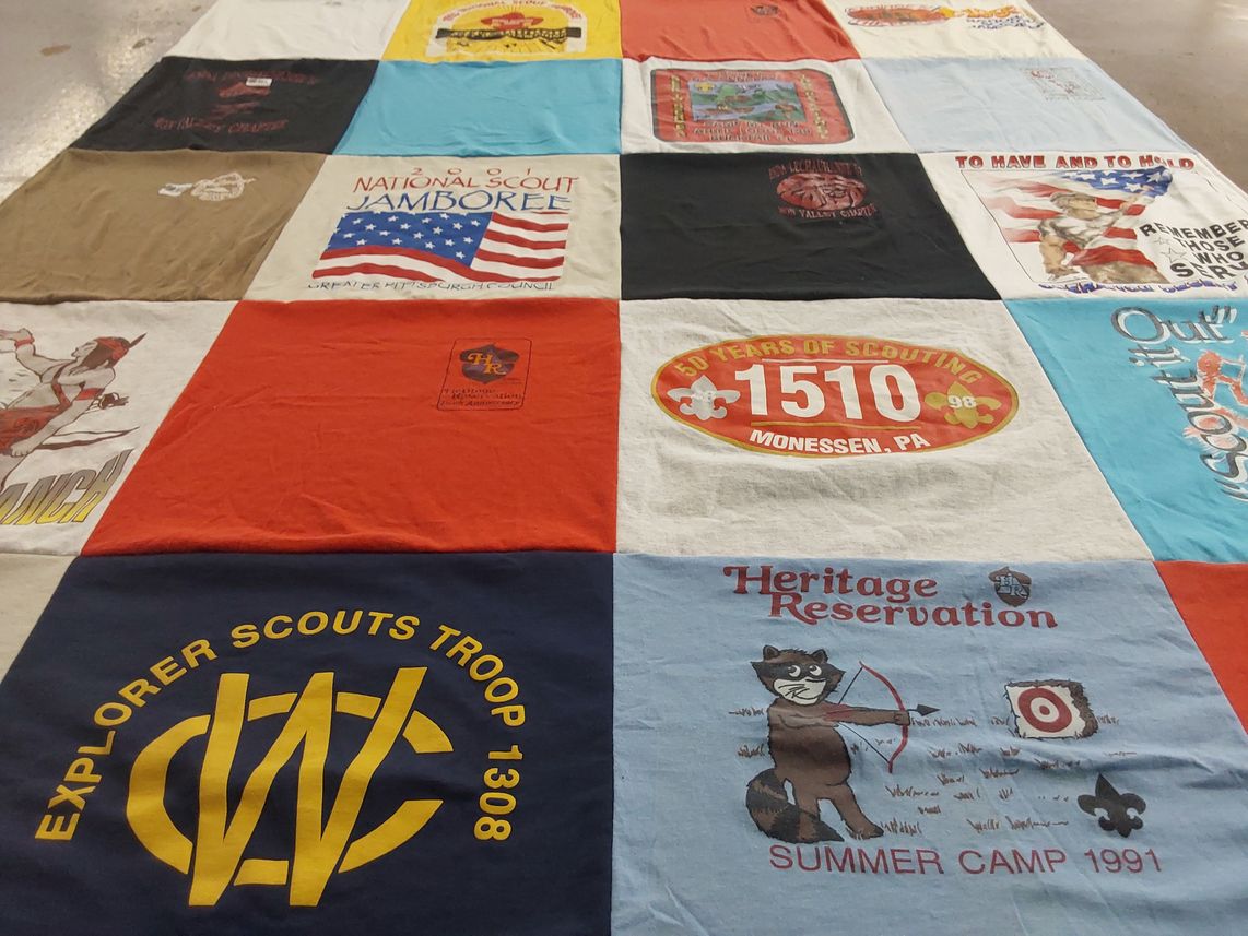 T-shirt quilt with scouting, camping themes by Evelyn from PA
