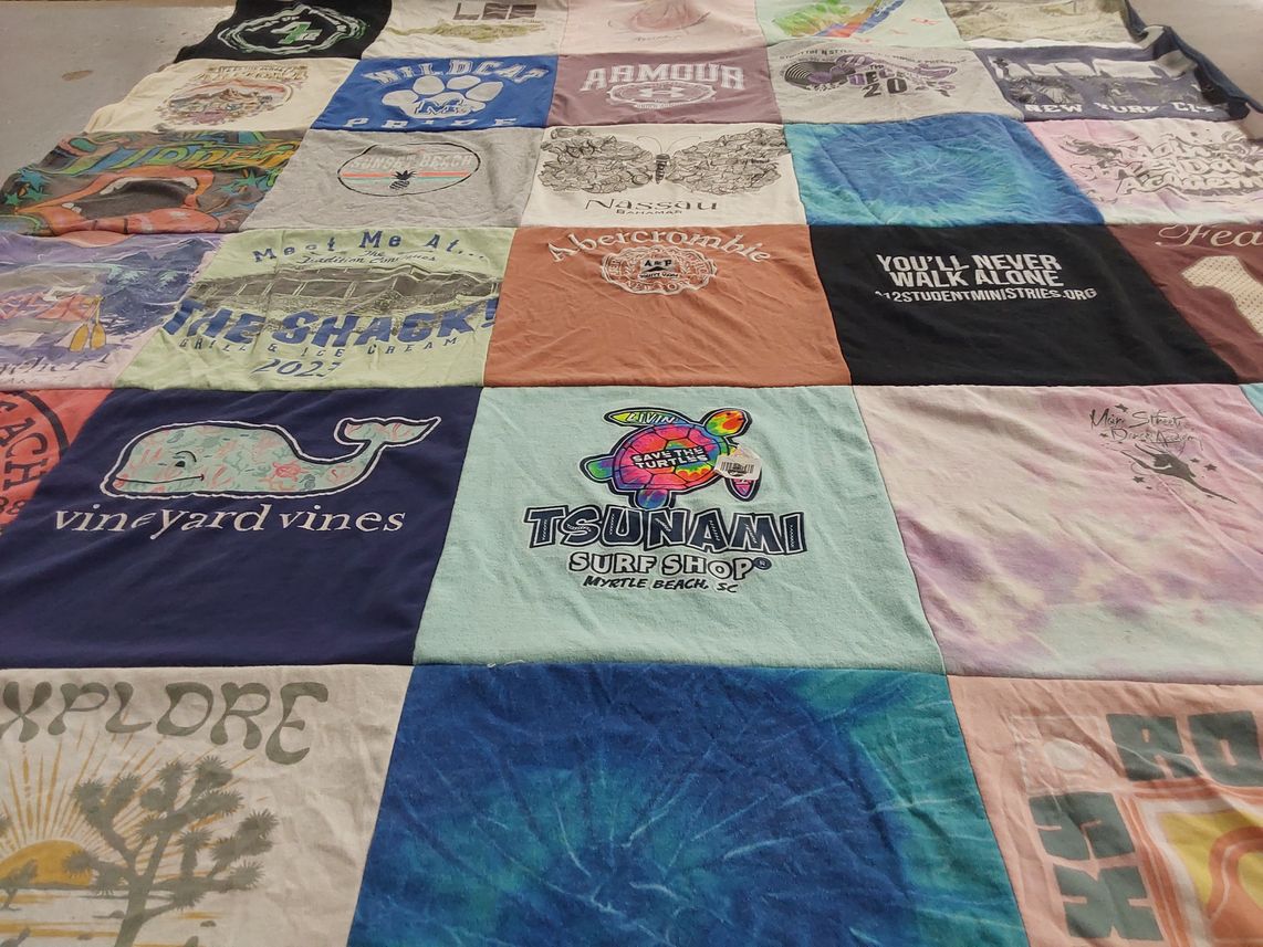 T-shirt quilt with surfing, beach themes by Rhonda from NC