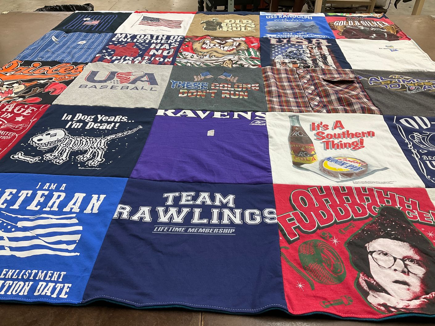 T-shirt quilt with veterans, southern culture themes by Rosalind from CA