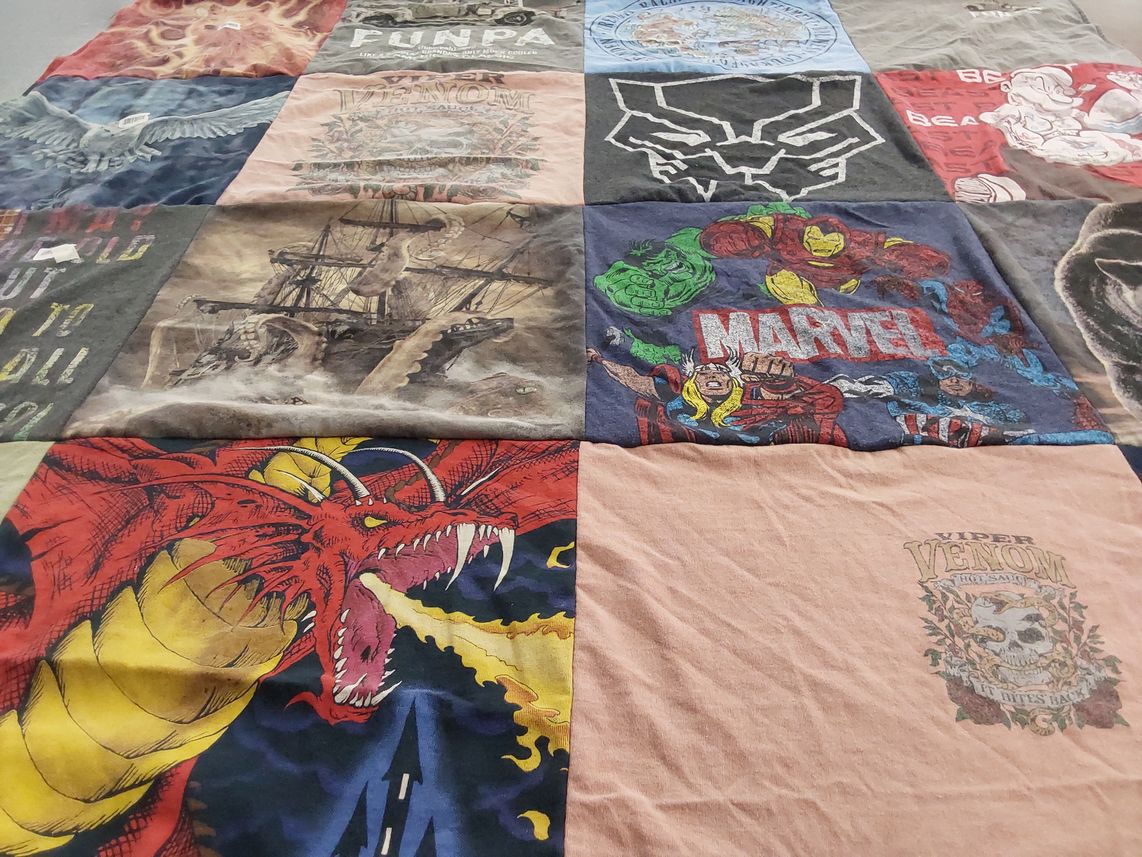 T-shirt quilt with superheroes, comics themes by Diane from PA