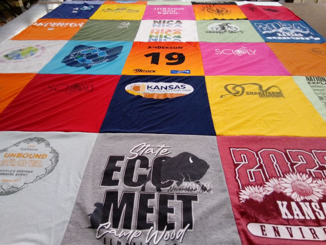 T-shirt quilt with cycling, economics themes by Stacy from KS