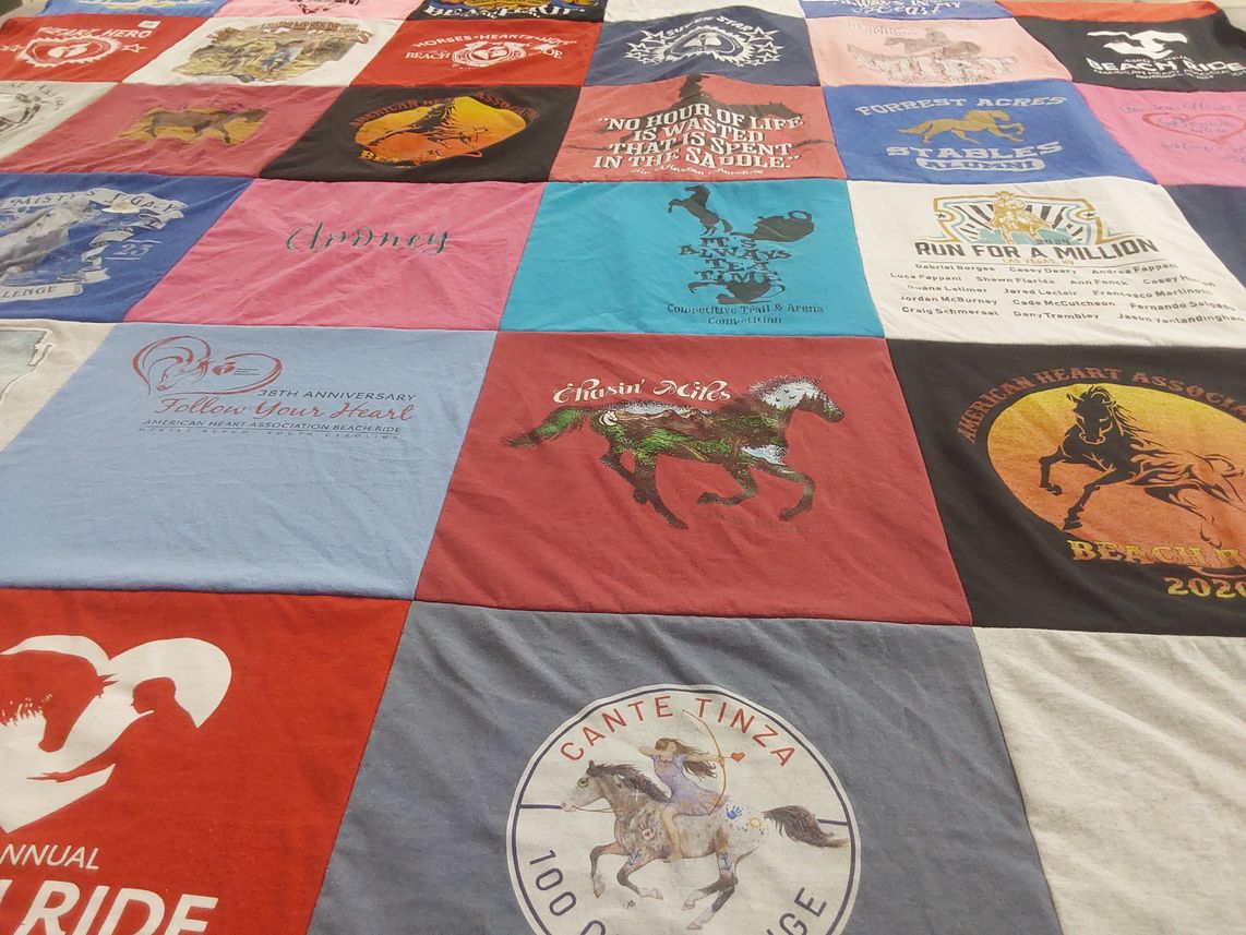 T-shirt quilt with horses, heart health themes by Jane from SC