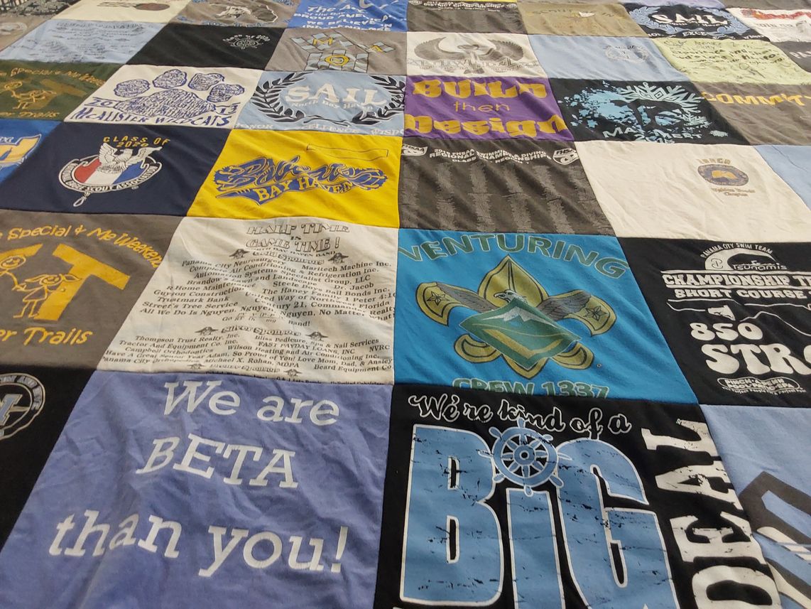 T-shirt quilt with scouting, community service themes by Karen from FL