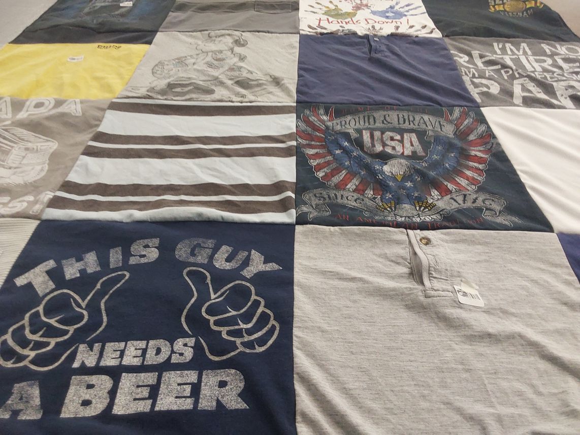 T-shirt quilt with beer, patriotism themes by Catherine from NC