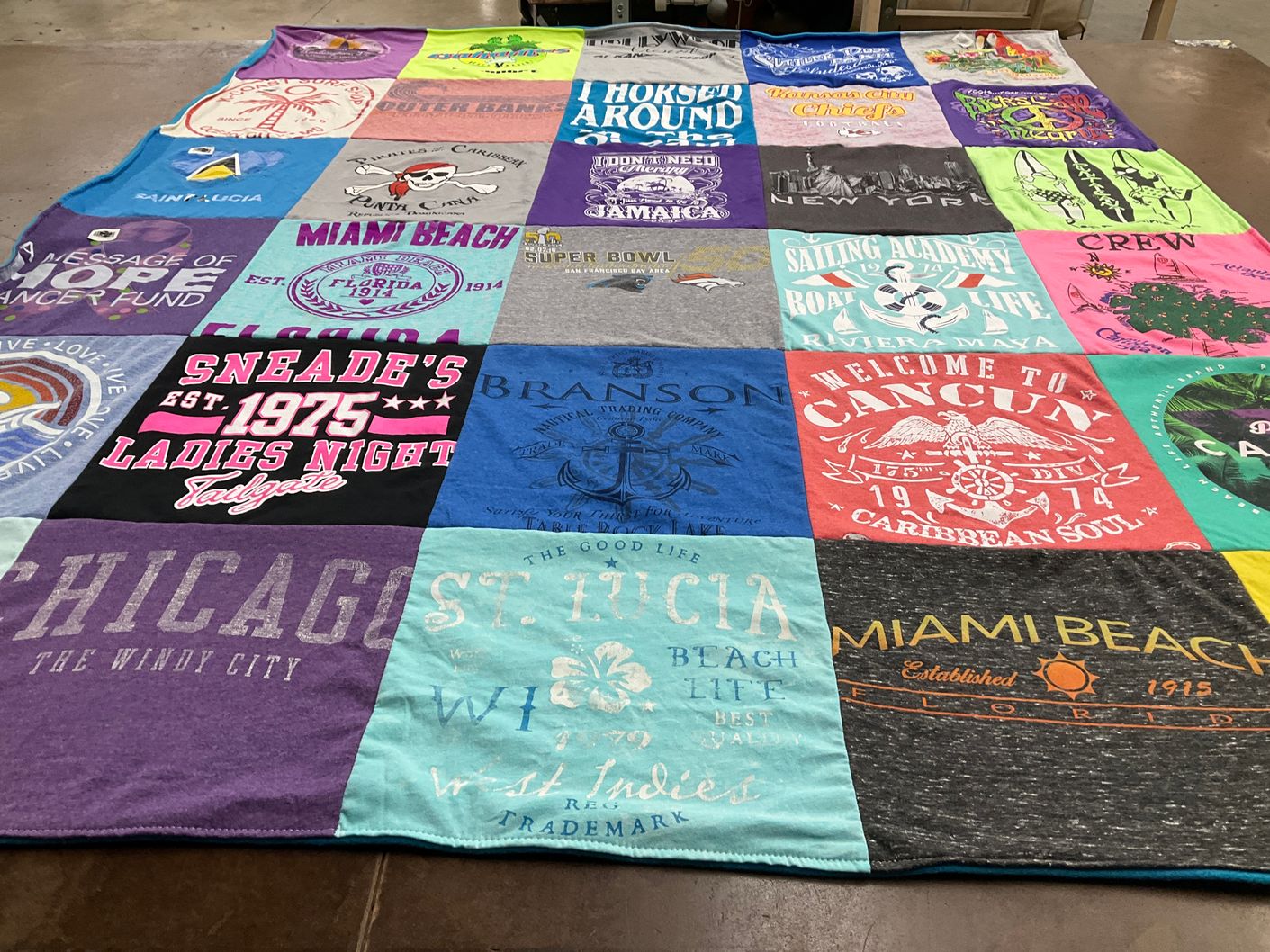 T-shirt quilt with travel, beach themes by Laura from MD