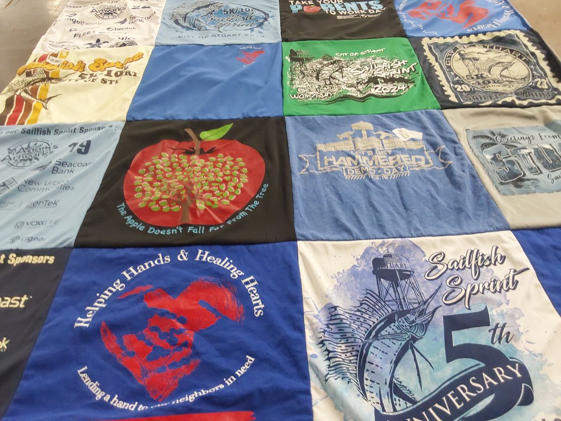 T-shirt quilt with running, community support themes by Paige from FL