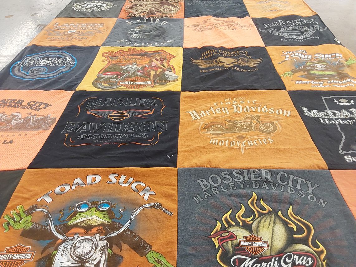 T-shirt quilt with motorcycles, biking themes by Kevin from AZ
