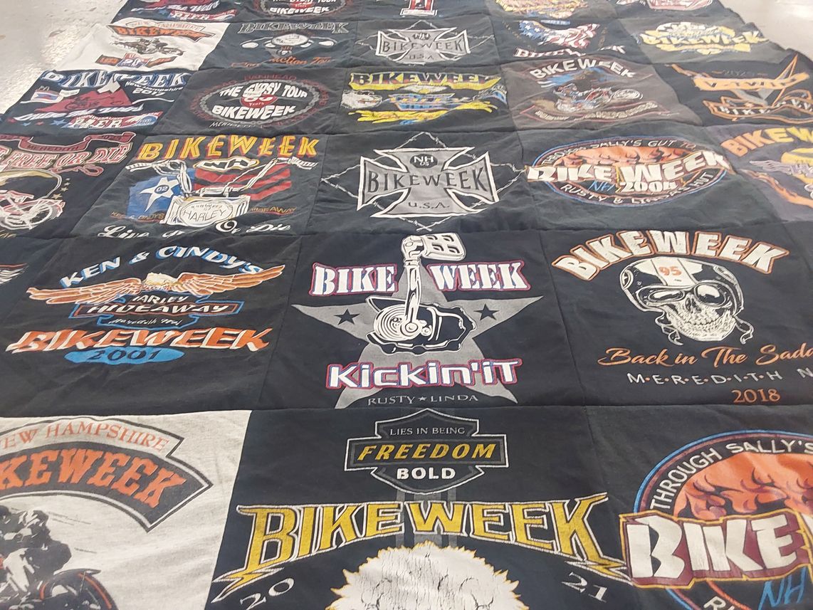T-shirt quilt with motorcycles, biking themes by Michelle from NH