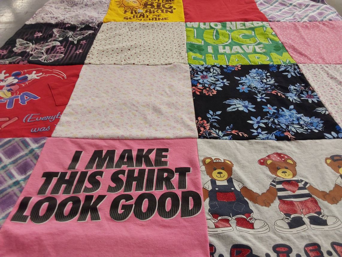 T-shirt quilt with fashion, humor themes by Marcie from CA