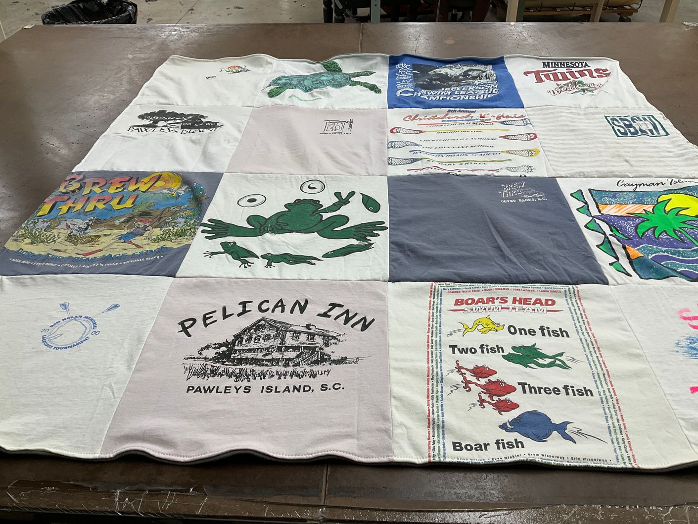 T-shirt quilt with fishing, swimming themes by Debbie from VA