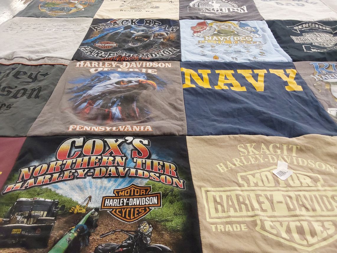 T-shirt quilt with motorcycles, military themes by Dana from PA