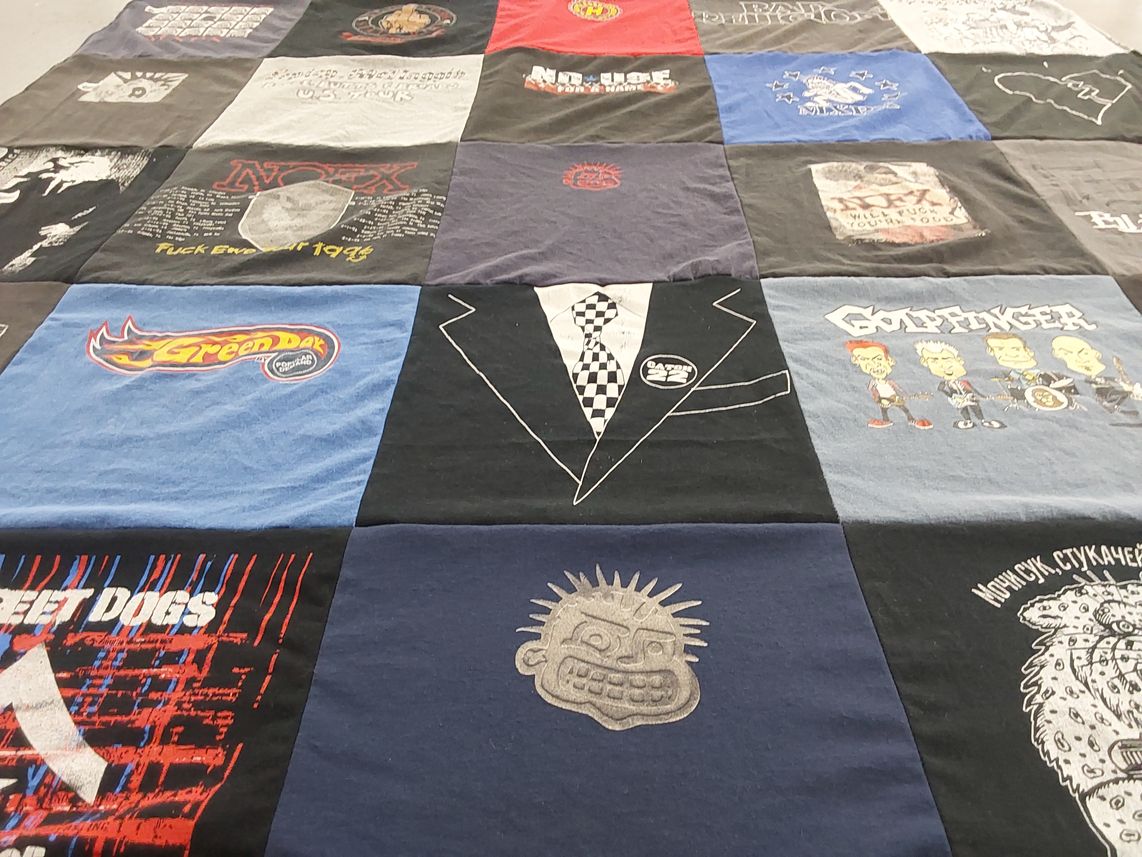 T-shirt quilt with music, punk rock themes by Jill from FL