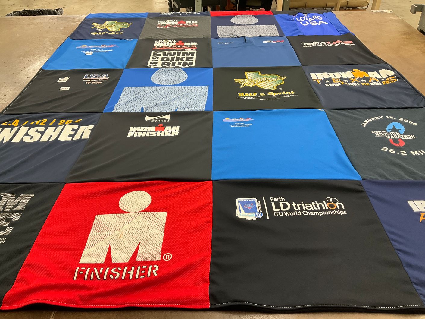 T-shirt quilt with triathlons, running themes by Douglas from OK