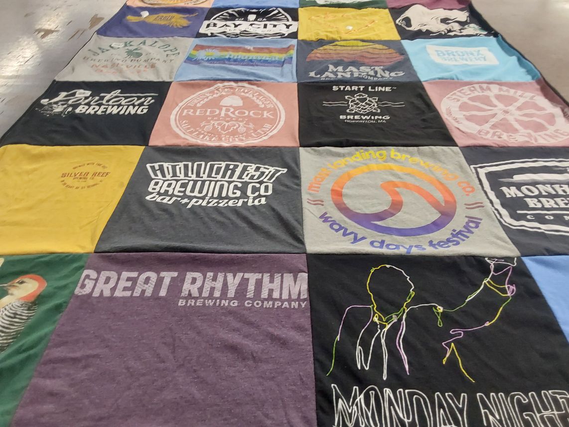 T-shirt quilt with brewing, craft beer themes by Debbie from ME