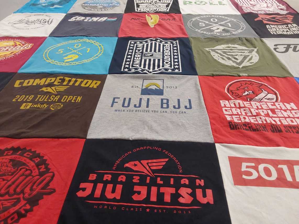 T-shirt quilt with brazilian jiu jitsu, grappling themes by Jill from AR
