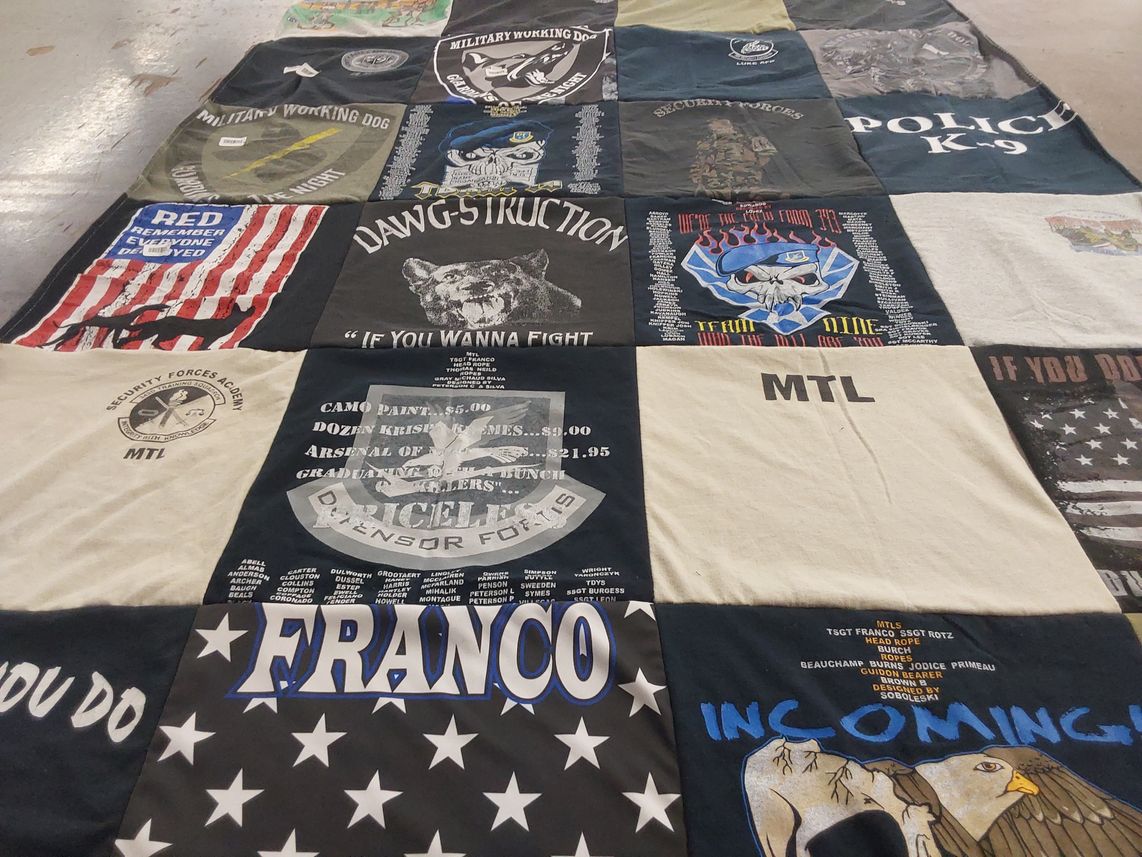 T-shirt quilt with military, k9 themes by Steven from TX