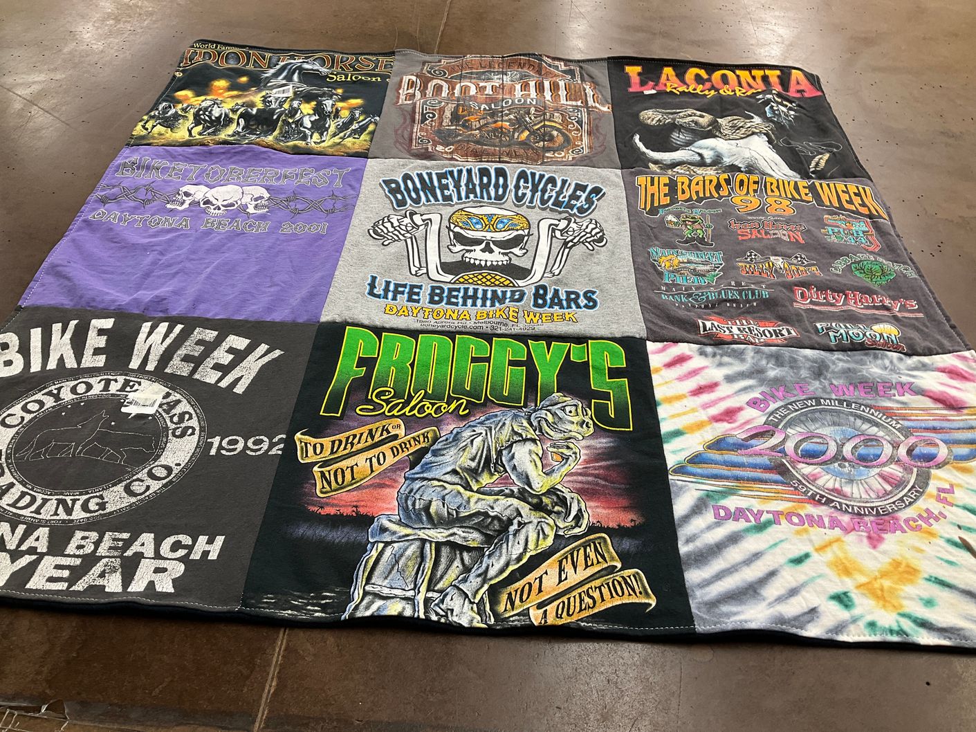 T-shirt quilt with motorcycles, biker culture themes by Angela from KY