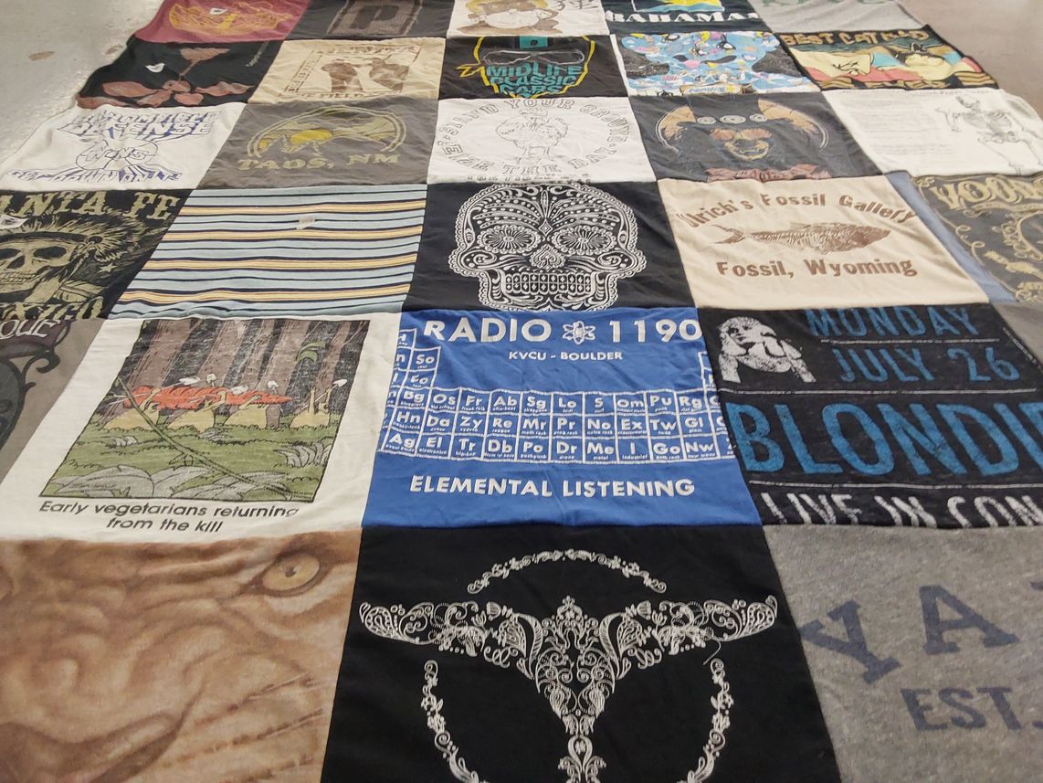 T-shirt quilt with music, arts themes by Angela from CO